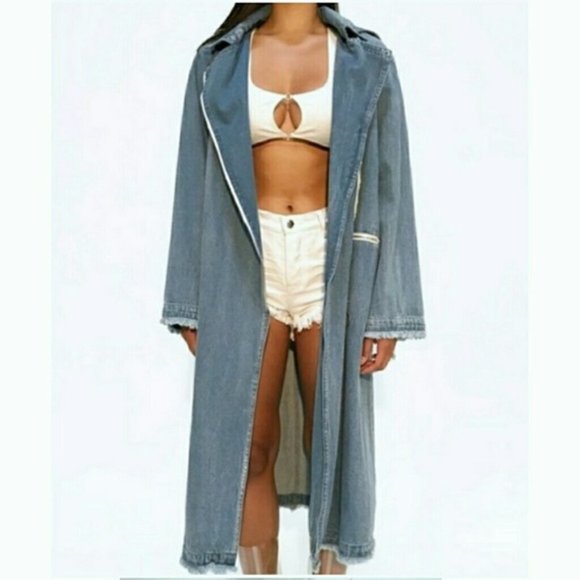Rehab blue denim long coat jacket with removable hood y2k - Picture 8 of 14